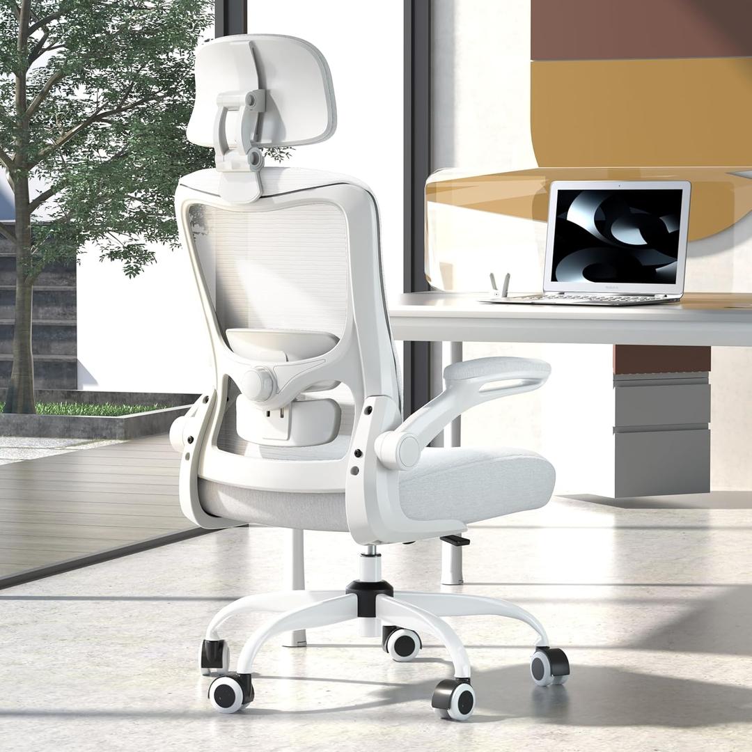 Ergonomic Office Chair, High Back Mesh Desk Chair with Adjustable Lumbar Support & Headrest, Flip-up Armrest, Computer Task Chairs for Home and Executive Office (W-White)