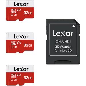 Lexar 32GB Micro SD Card 3 Pack, microSDHC UHS-I Flash Memory Card with Adapter - Up to 100MB/s, U1, Class10, V10, A1, High Speed TF Card (3 microSD Cards + 1 Adapter)