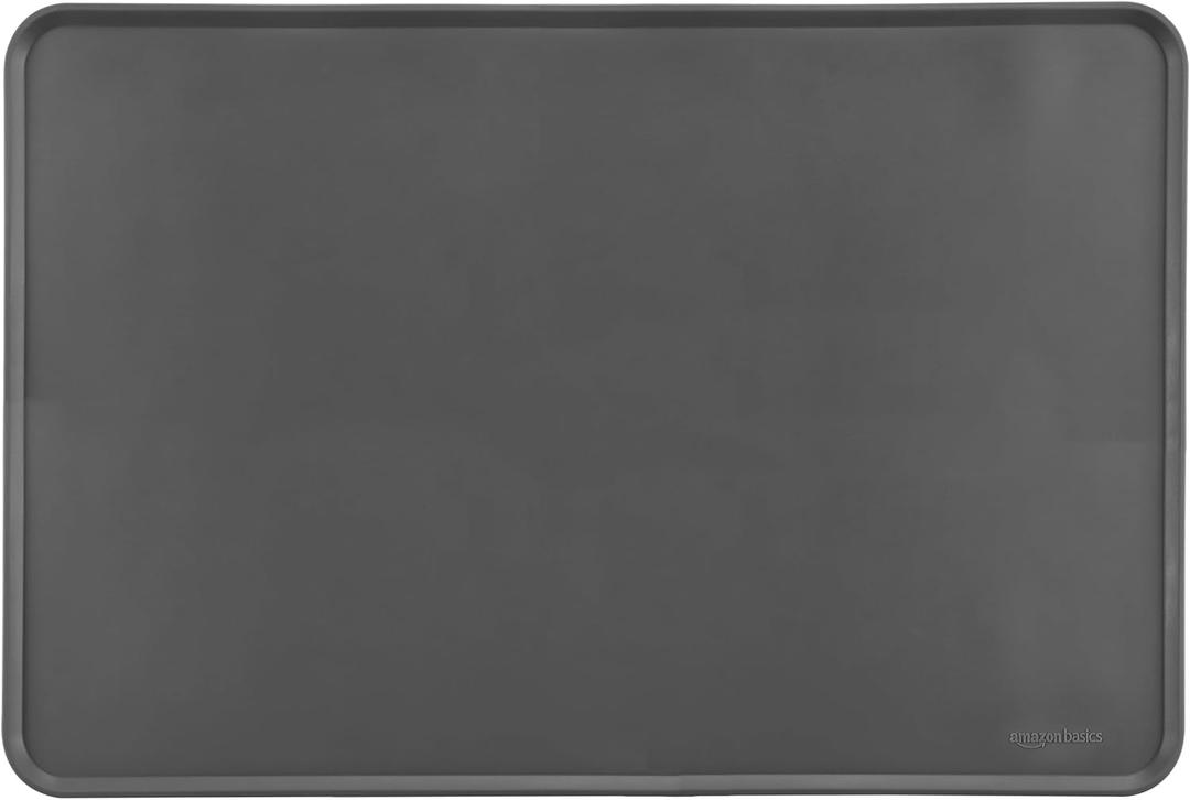 Amazon Basics Waterproof Non-Slip Silicone Pet Food and Water Bowl Mat with Raised Edge, Feeding Placemat to Protect Floors, 24" x 16", Grey