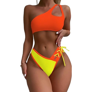 YELAIVP Women's Bikini Sets One Shoulder High Waisted Two Piece Swimsuit Lace Up High Cut Bathing Suit (Medium, 141_orange)