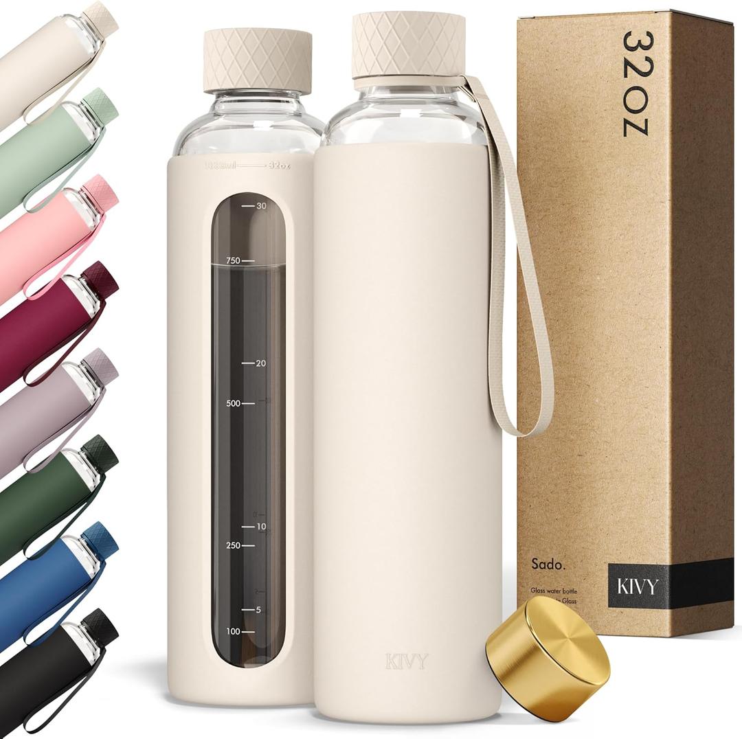 KIVY Glass Water Bottle with Silicone Sleeve 32 oz [WITH MEASUREMENT] - Borosilicate Glass Water Bottle Screw Top - Clear Bottles with Measurement Marking - Slim Waterbottle Aesthetic - Cream White