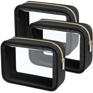 PACKISM Clear Makeup Bag 2 Pack Medium - Foldable TSA Approved Toiletry Bag Quart Size for Travel Bottles, Water Resistant Multipurpose Car Storage Organizer with Reinforced Seams, Black