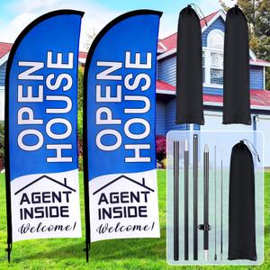 Buryeah 2 Pack Open House Flags Signs for Real Estate Agents Feather Flag Opening Signs Banner Set with Flagpole Ground Stake Portable Bag for Real Estate Business(Blue,7x5.4 ft)