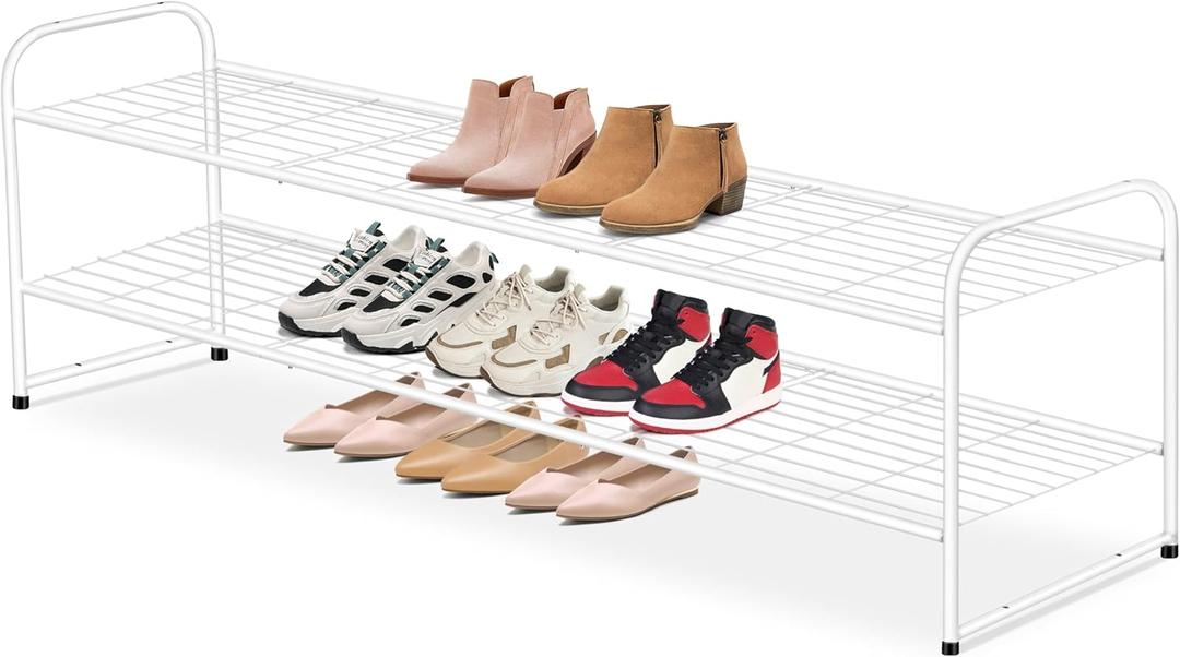 AOODA Long 2 Tier Shoe Rack for Closet Metal Wide Stackable Shoe Storage Organizer for Entryway, Bedroom, Floor, 18-Pairs Low Sneaker Shelf, White (11.4 x 42.7 x 18.7)