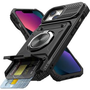 Vofolen for iPhone 13 Wallet Case with Card Holder [Store 2 Cards] + 360 Magnetic Ring Stand Dual Layer Heavy Duty Protective Shockproof Wallet Phone Case Cover for iPhone 13 for Women Men, Black