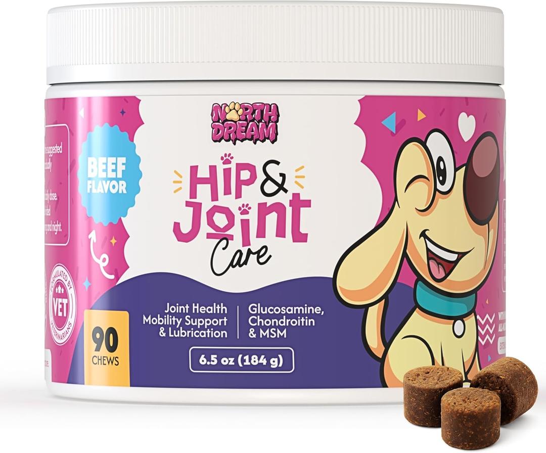 Hip & Joint Supplement for Dogs  Glucosamine, Chondroitin, MSM, Turmeric & Hemp Oil  Natural Mobility & Pain Relief Soft Chews  Beef Flavor  90 Count  Made in USA