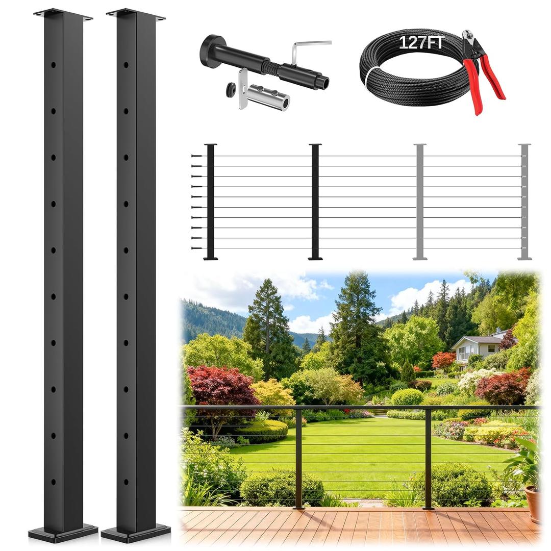 Gyykzz Swageless 4-12FT Black Cable Railing Post Kit 36 Inch, 2 Level Railing Post Kit with Patent Swageless Terminal, Stainless Steel T304 Black Powder Coated Railing System with DIY Cable Length