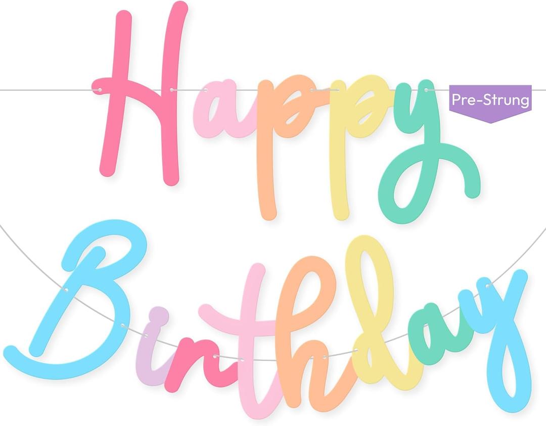 HOUSE OF PARTY Happy Birthday Banner | Cursive Birthday Sign for Party Decor, Backdrop | Pre-strung Paper Banner for Rainbow Party Decoration (Rainbow)