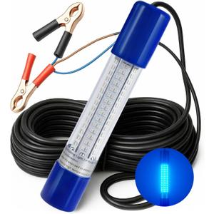 Underwater Fishing Light, 12V/24V, 26ft Cable, 5 Colors, Winder Included | 26ft Cable with a Cable Winder for Easy Storage Alligator Clips Provide Quick 12V/24V Connection; IP68 Waterproof