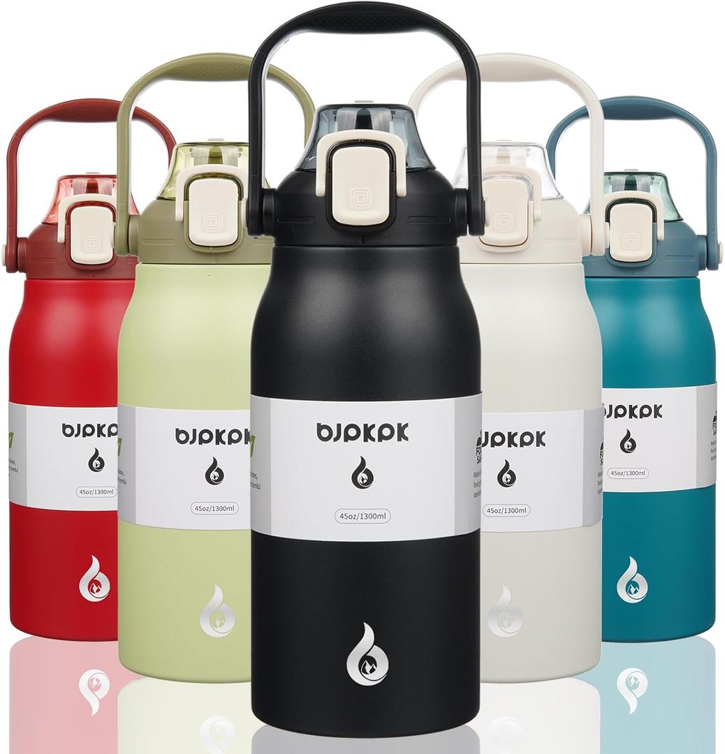 BJPKPK Insulated Water Bottles with Straw, 45 oz Stainless Steel Metal Water Bottle with One-handed Opening Lid, BPA Free Reusable Jugs, Thermo for Gym Sports Outdoors, Black