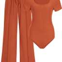 BTFBM Womens Casual 2 Pieces Outfits Dressy Square Neck Short Sleeve Bodysuit Drawstring Pants Knit Lounge Matching Sets (Large, Orange)