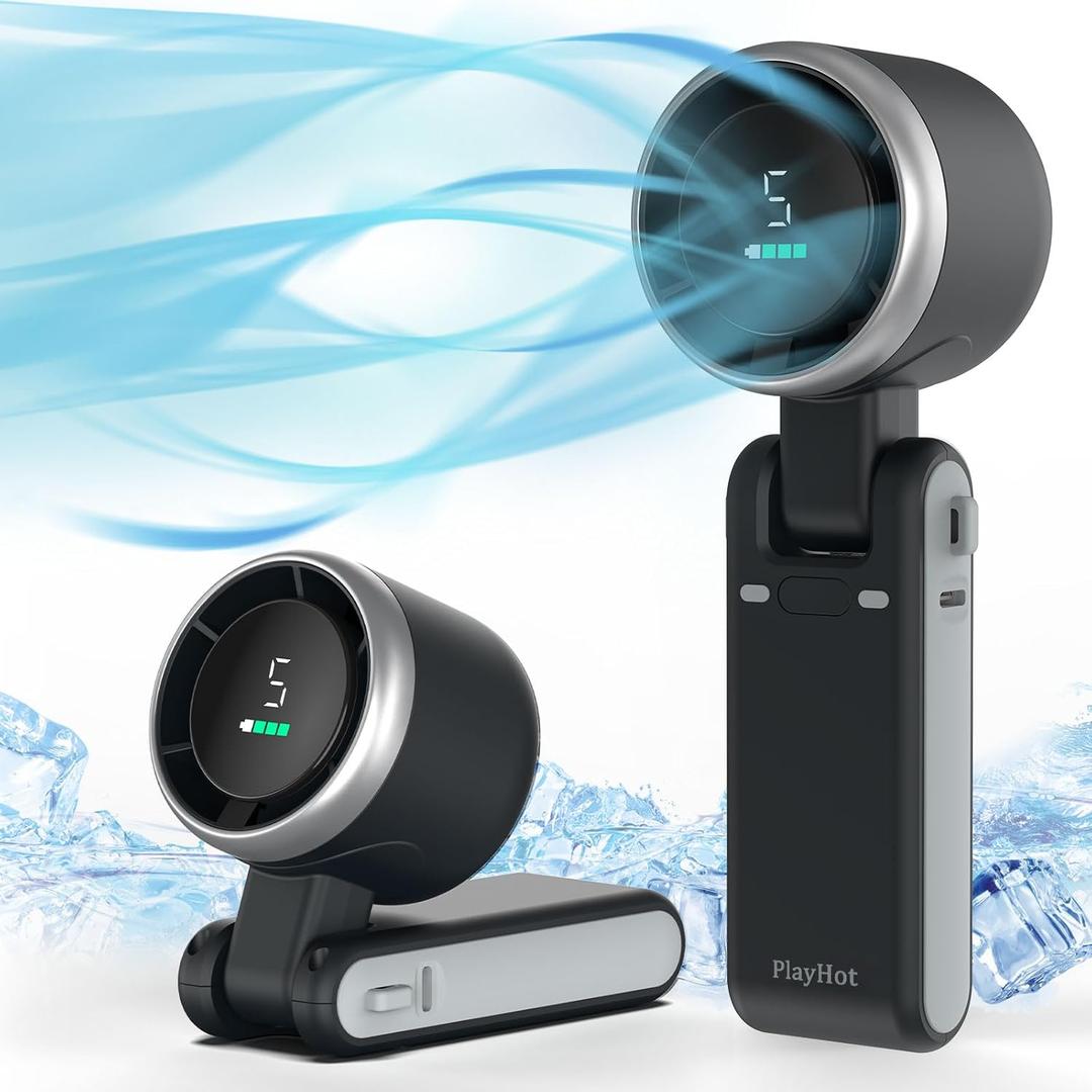 PlayHot Portable Handheld Turbo Fan, 5 Gear Wind, Battery Operated, Up to 12 Working Hours, 3 IN 1 Hand Fans with Air Turbo Tech Cooling Fan for Outdoor Activities, Travel, Beach (Black)