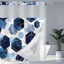 Blue Shower Curtain with Snap in Liner No Hook Geometric Grid Modern Bathroom Curtain with See Through Mesh Top Window, Fabric Waterproof Inner Liner, Size 30 x 17 inch