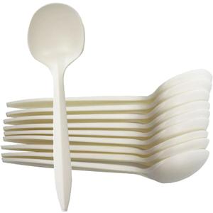 T Legend Eco-Friendly 100 Pack Cornstarch Soup Spoons, Ivory Large Capacity 5.3" Disposable Spoons for Hot Soup Milk Shake Salad etc.