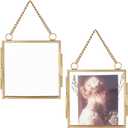 OLYCRAFT 2Pcs Wall Hanging Mini Photo Frames 2.9x2.9 Inch Double Glass Picture Frame with Chain Alloy Square Folding Frame DIY Vintage Artwork Display Frames for Pressed Flowers Pictures Home Wall Decor