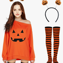 Halloween Pumpkin Customs for Women: Pumpkin Sweatshirt Dress Set - Halloween Woman Costume Off Shoulder Pullover Tops, Size L