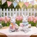 Hodao Easter Bunny Figurines Set, Spring Rabbit Decor with Easter Eggs Basket, Floral Wreath Bunny Statues, Tabletop Home Decoration for Living Room, Entryway