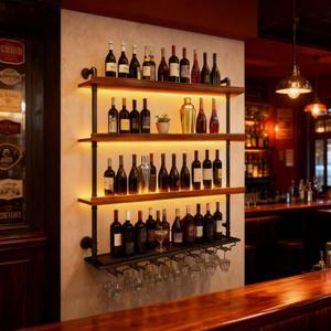 VITNSVILE Wall Mounted Wine Rack with LED Light, 4 Tiers Large Wine Rack with Wine Glass Holder. lron & Wood Liquor Bottles Floating Shelves Display Storage for Bar, Kitchen, Cafe (Walnut, 80cm/32in)