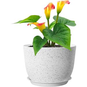 Meowell Plant Pots 12 inch, Plastic Planters with Drainage Holes and Saucers, Large Flower Pots for Indoor Outdoor Plants, Modern Decorative Pots for Garden House Plants, Speckled White