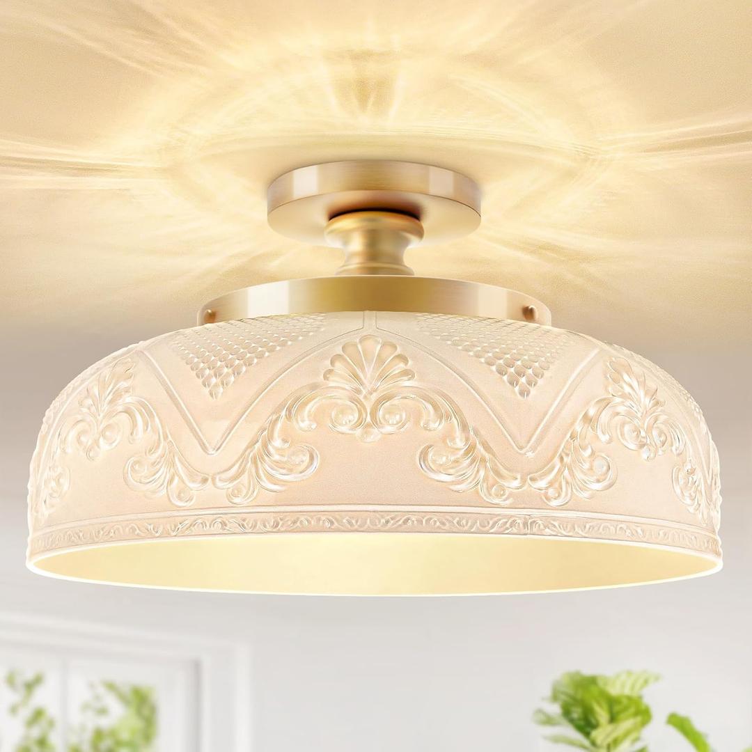 Slypadan Semi Flush Mount Ceiling Light, 12 Inch Large Gold Ceiling Light Fixture, 3-Light Globe White Glass Farmhouse Kitchen Lighting Fixtures for Bathroom, Hallway, Dining Room (Bulb Not Included)