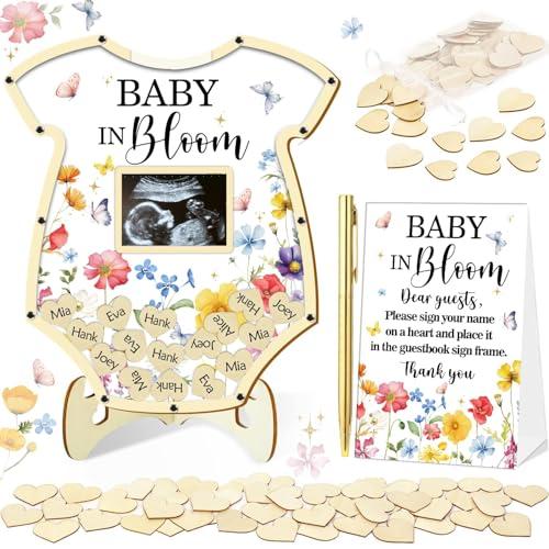 KAMUFU 65Pcs Baby in Bloom Baby Shower Decorations Guest Book, Baby Shower Guest Book Alternatives with Pen, Photo Frame, 60 Heart Wood Slices, Baby Sonogram Frame Keepsake for 60 Guests