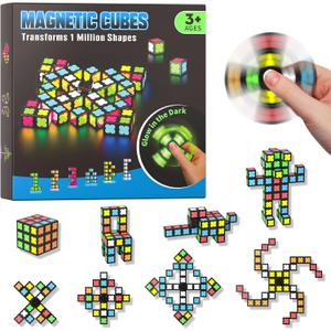 Magnetic Fidget Spinner Mini-38 Blocks, Glow Magnet Cube & Transformable Fidget Spinner & Infinity Cube & 3x3x3 Cube-4 in 1 Toy, STEM Building Tiles Stress Relief Sensory Gift for Kid Boy Girl Adult