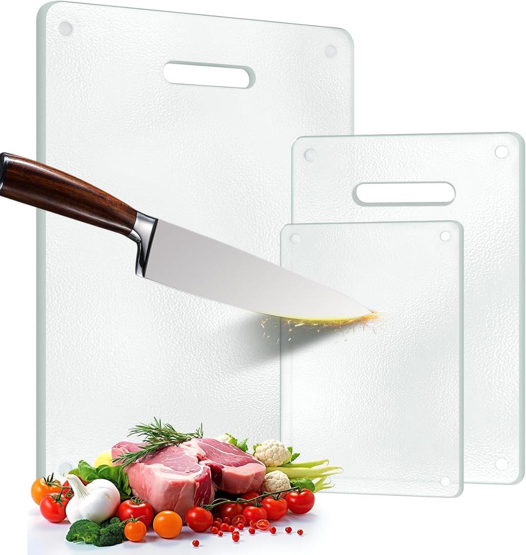 3 Pack Glass Cutting Boards for Kitchen Counter, Clear Tempered Glass Cutting Board Set with Handle (16"x12" & 12"x8" & 9"x6"), Scratch Resistant, Dishwasher Safe, Non-toxic, Easy to Clean
