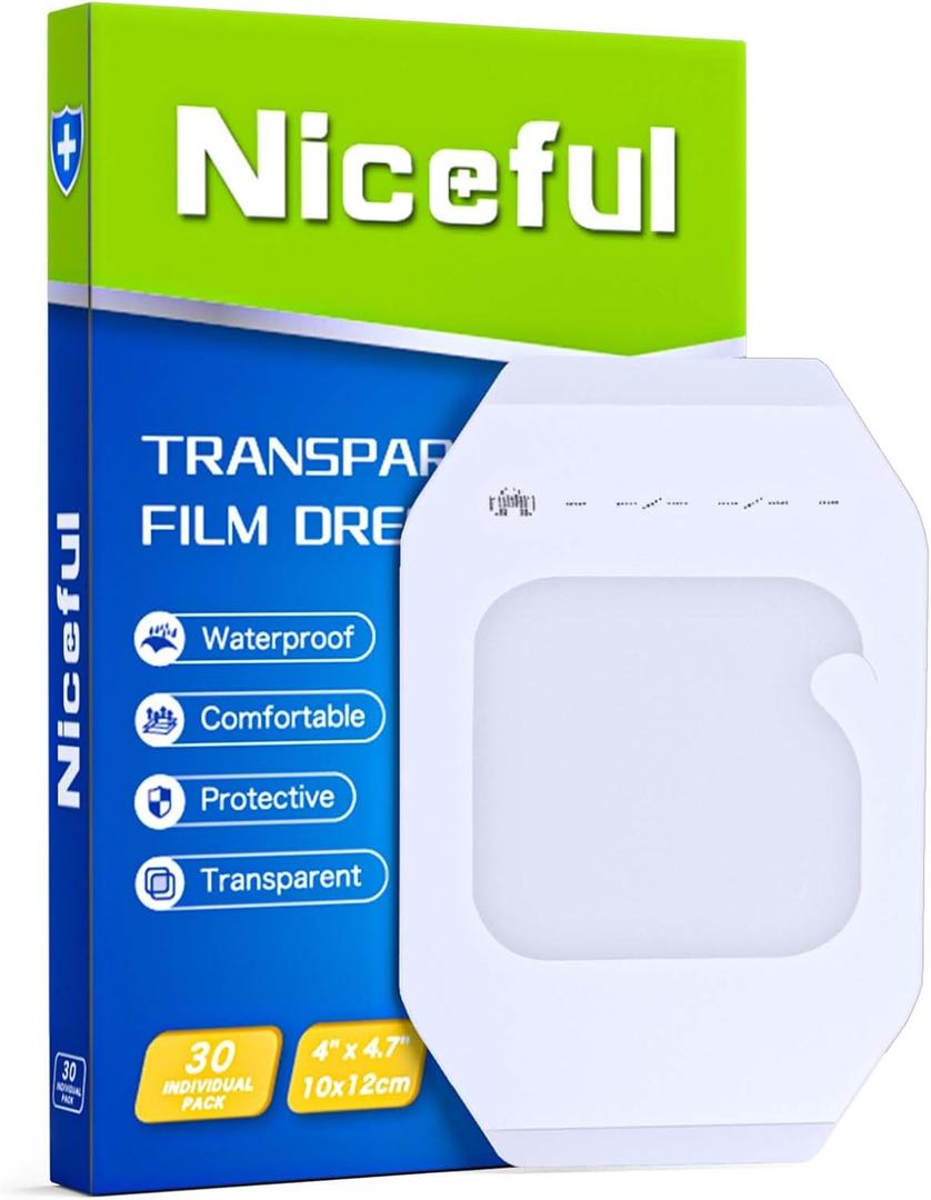 Transparent Film Dressing 30 Count-Clear Bandages for Wounds 4" x 4.7", Waterproof Adhesive Wound Cover Bandages for Post Surgical Shower or IV Shield, Scar Therapy, Tattoo Dressings