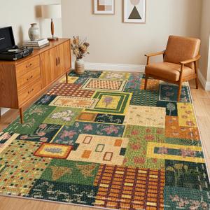 Flowers Patchwork Area Rugs for Living Room,Washable 5x7 Vintage Cottagecore Botanical Rug, Green Boho Carpet, Non-Slip Low Pile Rug for Bedroom Dining Room Office Home Hardwood Floor