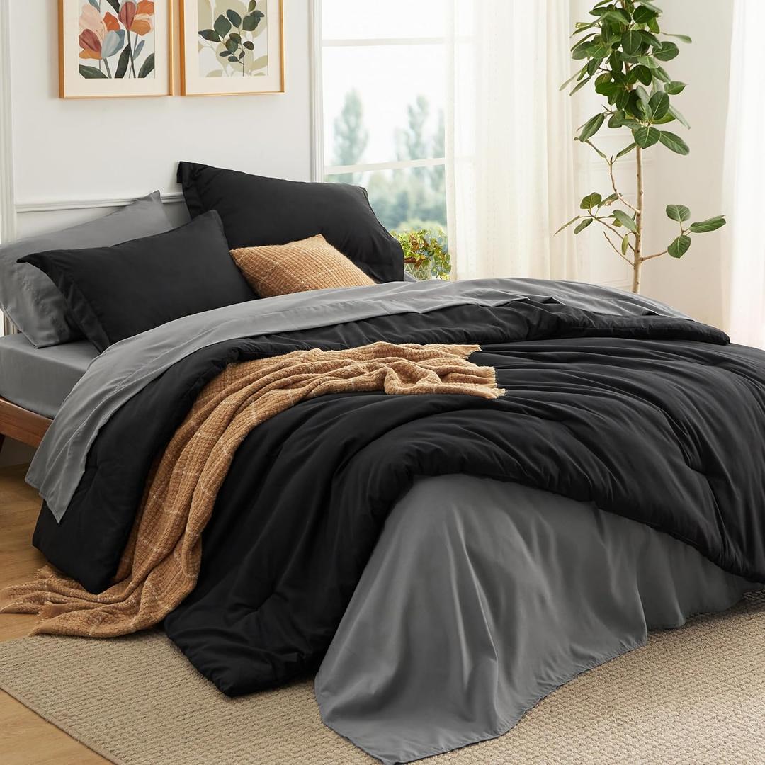 Bedsure Queen Comforter Set - 7 Pieces Black Queen Bedding Set for All Seasons, Boho Contrasting Design Bed in a Bag with Comforter, Sheets, Pillowcases & Shams