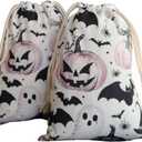 Halloween Bag 2 Pieces Printed Storage Drawstring Canvas Bag Halloween Theme Pumpkin (Pink)