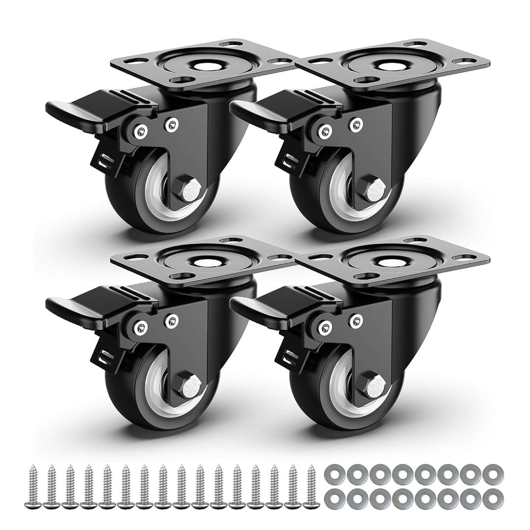 2 Inch Caster Wheels Heavy Duty Swivel Casters with Safety Brake Total Capacity 600 Lbs (Set Of 4) Good for Industrial or Furniture