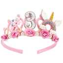 SuPoo 3rd Birthday Headband Flower Birthday Crown for Girls Princess Tiara 3rd Birthday Decorations for Girl Hair Band Cute 3 Year Old Birthday Party Decorations Accessory