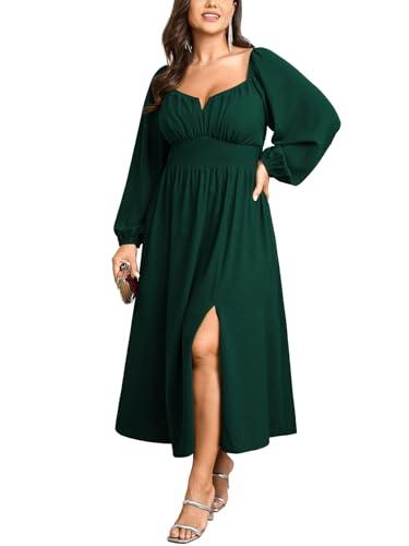 SCOMCHIC Women Plus Size Formal Dresses Long Sleeve Square Neck Wedding Guest Cocktail Split A-Line Maxi Long Dress Emerald Green, Size 2XL