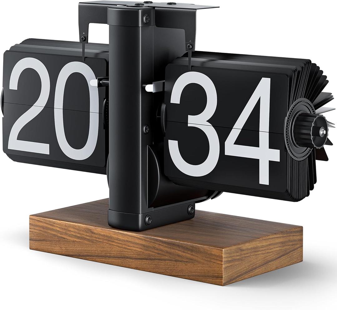 Retro Flip Clock, Vintage Digital Flip Down Clock with Black Walnut Base, Battery Powered Internal Gear Operated for Home & Office Decor