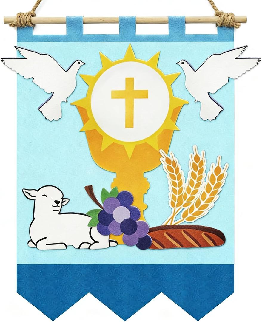 First Communion Banner Kit 11 x 15.74 Inch First Holy Communion Banner Kits Felt DIY Decor Set Include White Dove Communions Cup Lamb Grape Skewers for Church Sunday School (Blue)
