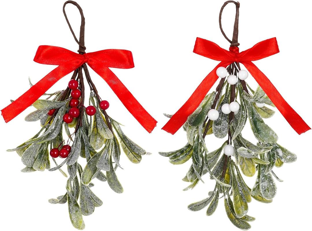 2 Pcs Artificial Mistletoe Christmas Decor, Hanging Mistletoe Ornaments with Red & White Berries for Christmas Tree, Door, Home Holiday Decor