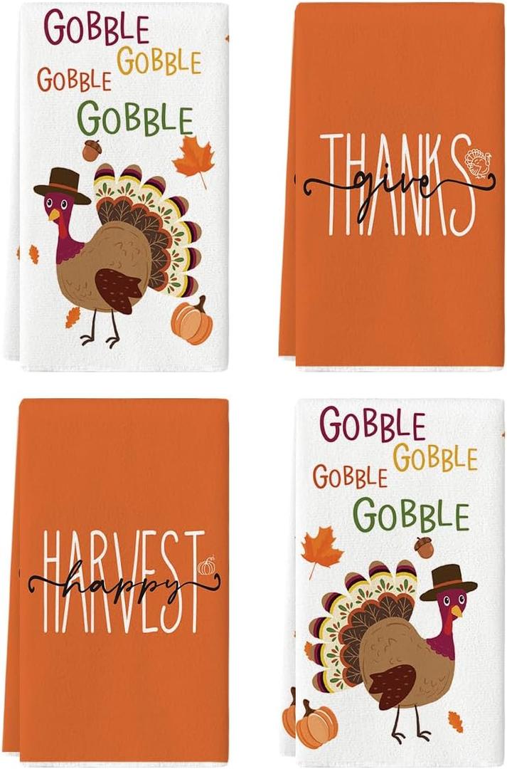 Artoid Mode Turkey Thanksgiving Kitchen Towels Dish Towels, 18x26 Inch Gobble Harvest Pumpkin Decoration Hand Towels Set of 4