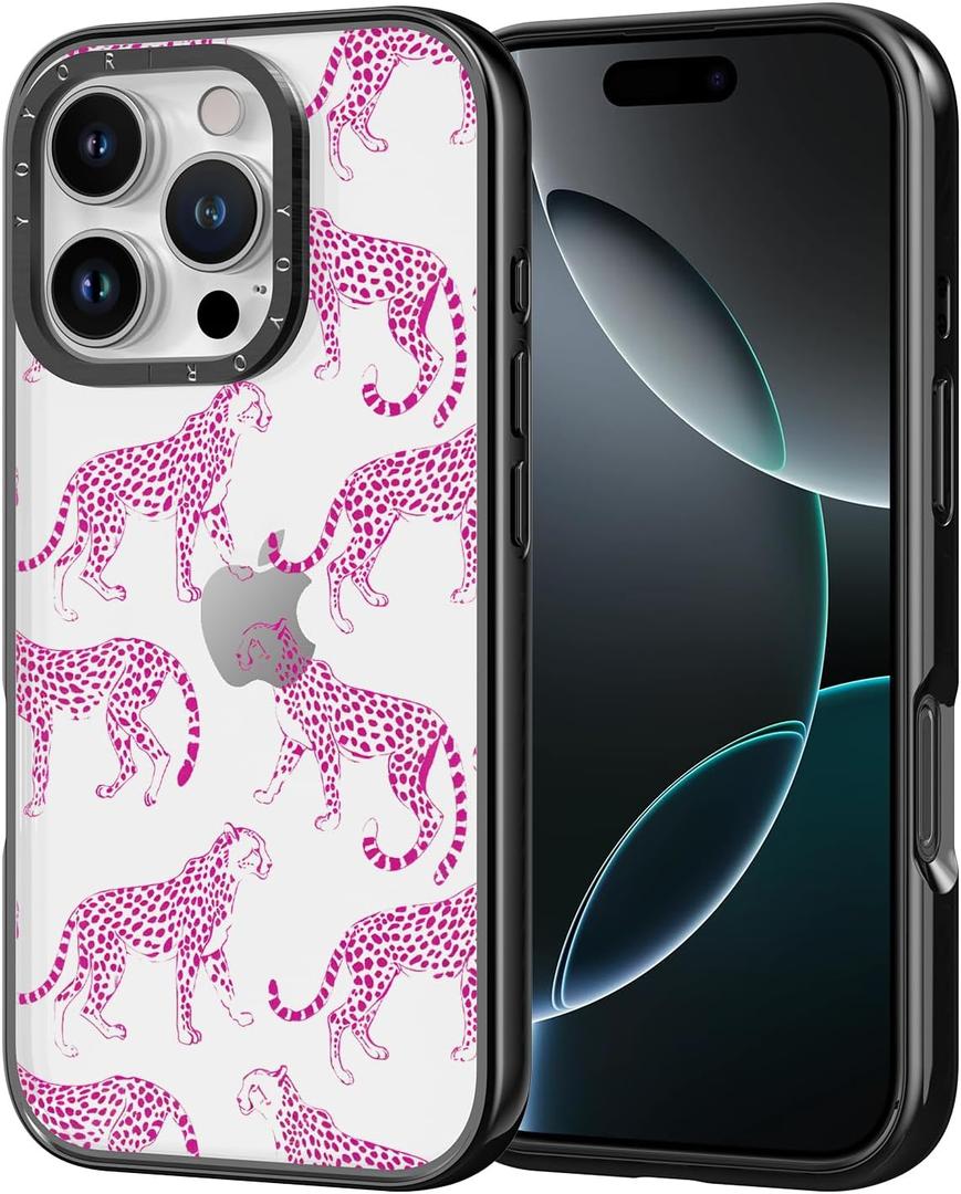 for iPhone Case - [6.6 ft Military-Grade Drop Protection] [Anti-Peel Technology] Clear Black TPU Bumper Case with Cute Design (Pink Leopard, iPhone 16 Pro)