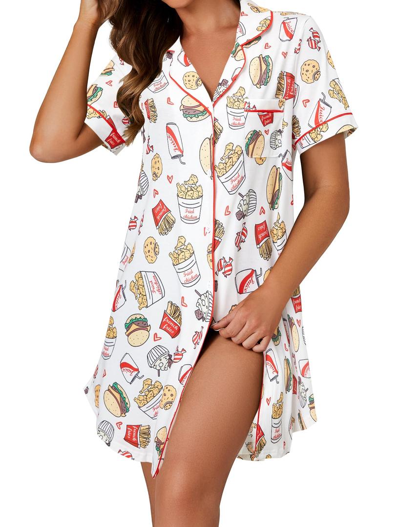 LYANER Women's Printed Nightgown Short Sleeve Sleepshirt Button Down Nightshirt Sleepwear Burger and Fries White Large