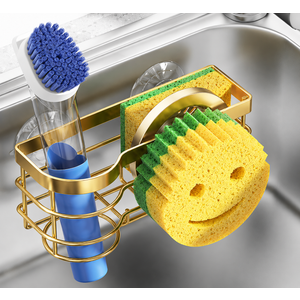 Cisily Gold Smiley Sponge Holder for Kitchen Sink Caddy, Stainless Steel Movable Brush Holder Dish Cloth Hanger, Suction Cup Sink Organizer Scrubbe, Gold