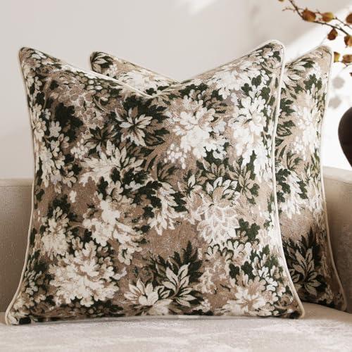 DEZENE Pack of 2 Vintage Floral Euro Sham Covers 26x26 Boho Farmhouse Accents Chenille Square Decorative Throw Pillow Cases for Living Room Couch Bed Home Decor, Green and Taupe