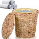 Wicker Waste Basket with Lid in Bedroom Bathroom Wicker Trash Can Office, Boho Handwoven Waste Basket with Plastic Insert and 60 Pcs Drawstring Trash Bag(4 Gallon)