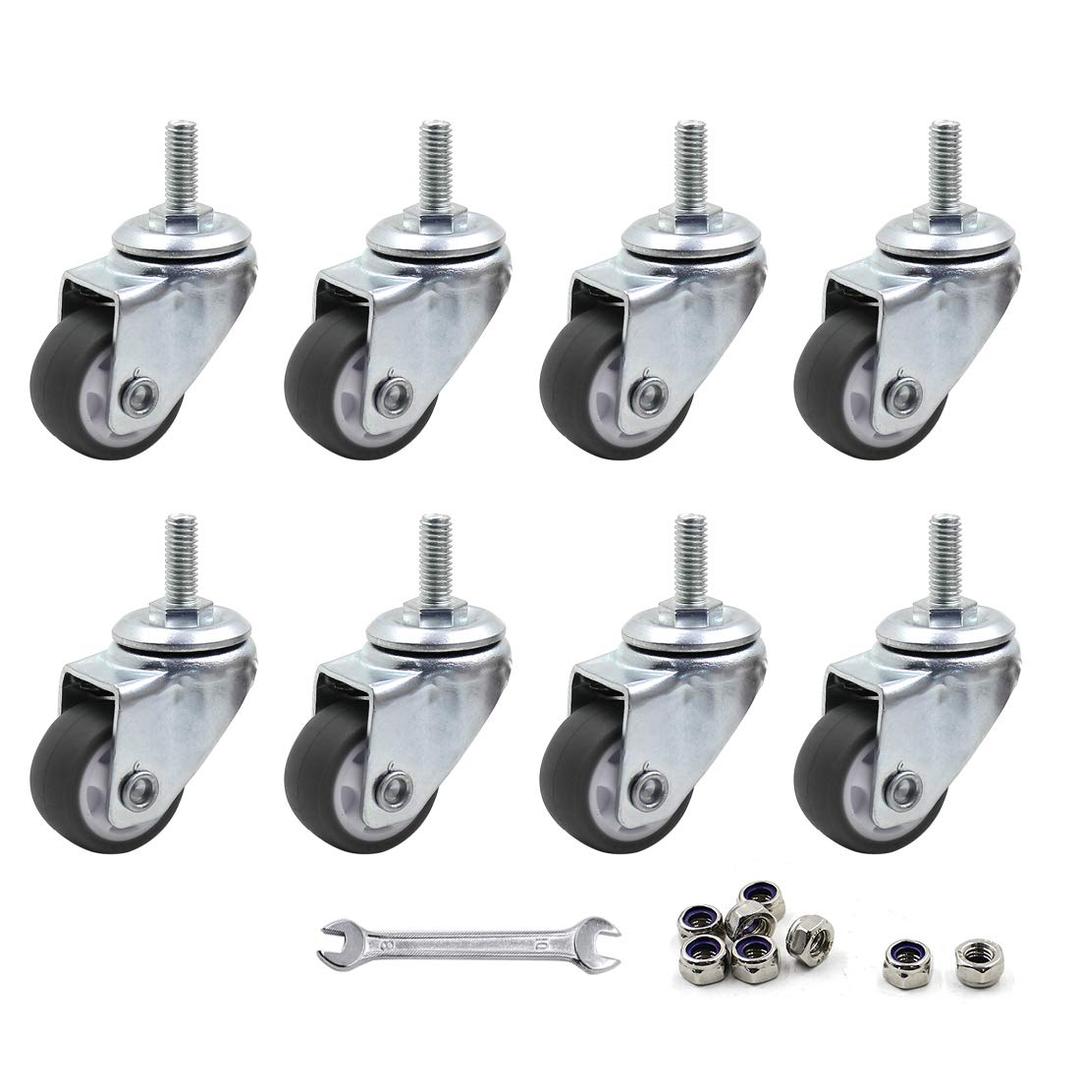 Luomorgo 8 Pcs 1" Caster Wheels Swivel Stem Casters for Small Tiny Shopping Cart Trolley Wheel, No Noise TPE M6 x 15mm Threaded Stem Caster, 141lb/64kg Load Capacity (With wrench)