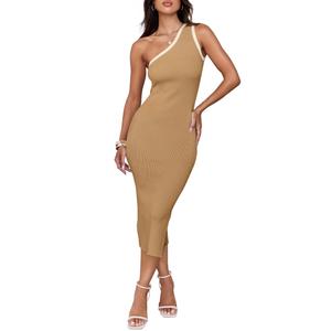 ZESICA Women's Sleeveless One Shoulder Bodycon Sweater Dress Toffee XL (Beige, XL)