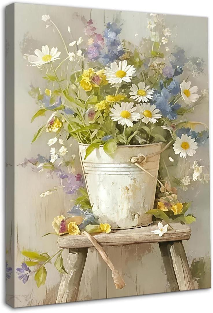 Dazzlewall Framed Floral Bucket Wall Art,Farmhouse Style Daisy Wildflower Bouquet in Rustic Metal Pail Prints Botanical Oil Painting for Bathroom Bedroom Living Room Decor 12x16 in
