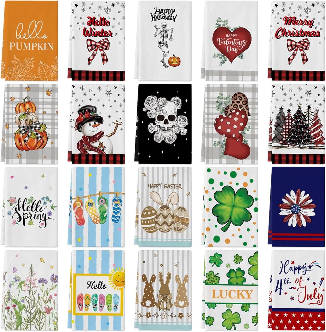 Voajocc 20 Pcs Seasonal Kitchen Towels and Dishcloths Sets, 18x26 Inch Seasonal Dish Towels Decorative Set for All Seasons Christmas Halloween Winter Decorative Kitchen Hand Towels