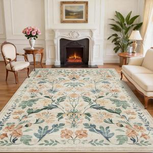 8x10 Area Rugs Washable Rug: Large Boho Living Room Rug Soft Non-Slip Thin Carpet Indoor Floor Non-Shedding Neutral Floral Carpets for Bedroom Dining Room Farmhouse Nursery Beige