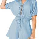 Fixmatti Women Summer Romper - Self Tie V Neck Casual Jumpsuit (Blue, M)