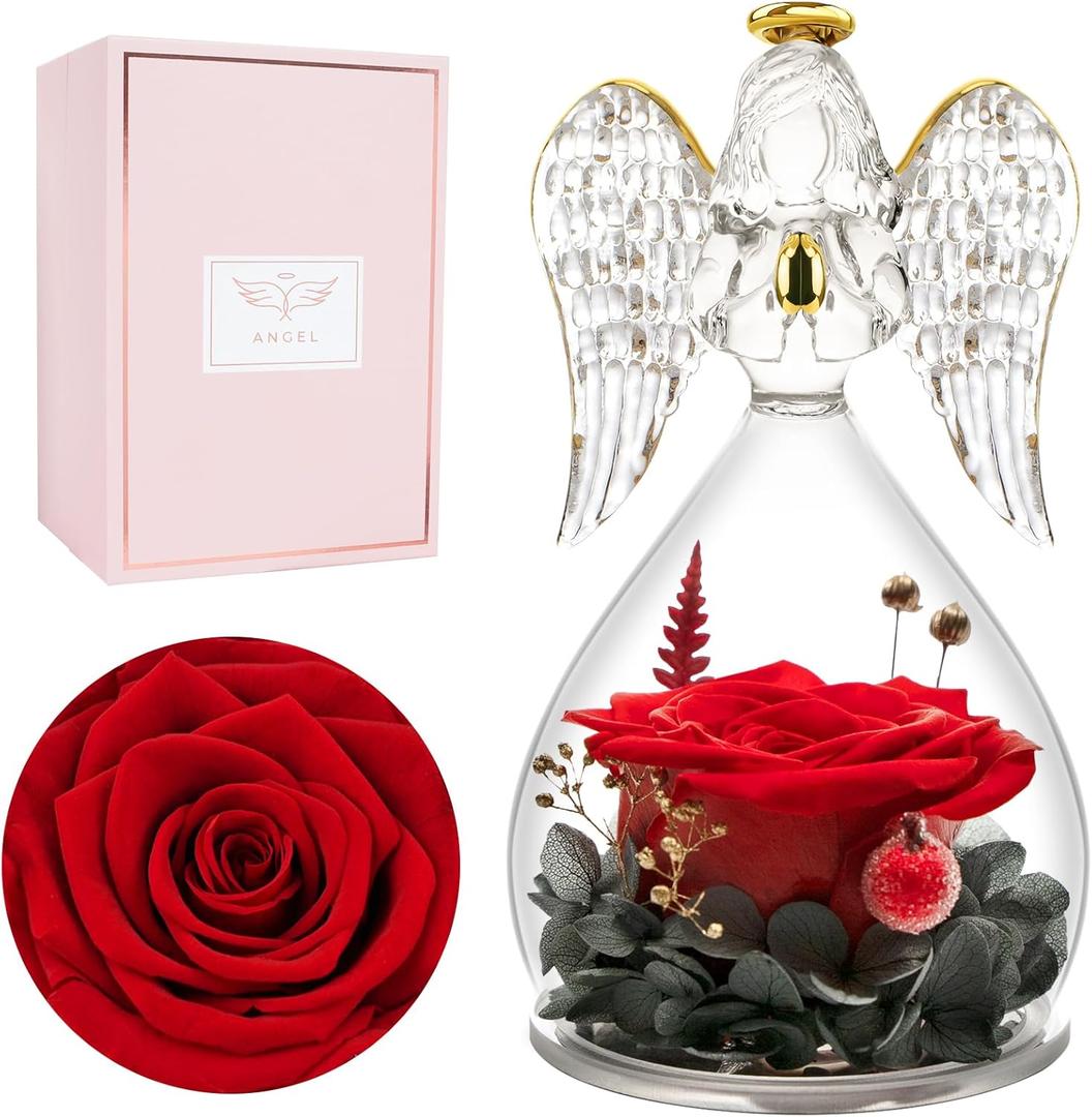 Miofula Gifts for Mom Mothers Day Birthday Gifts for Women,Preserved Flowers Rose in Angel Figurines,Fresh Flowers for Delivery Anniversary Forever Real Rose Gifts for Moms Grandma Her Wife Girlfriend (Red)